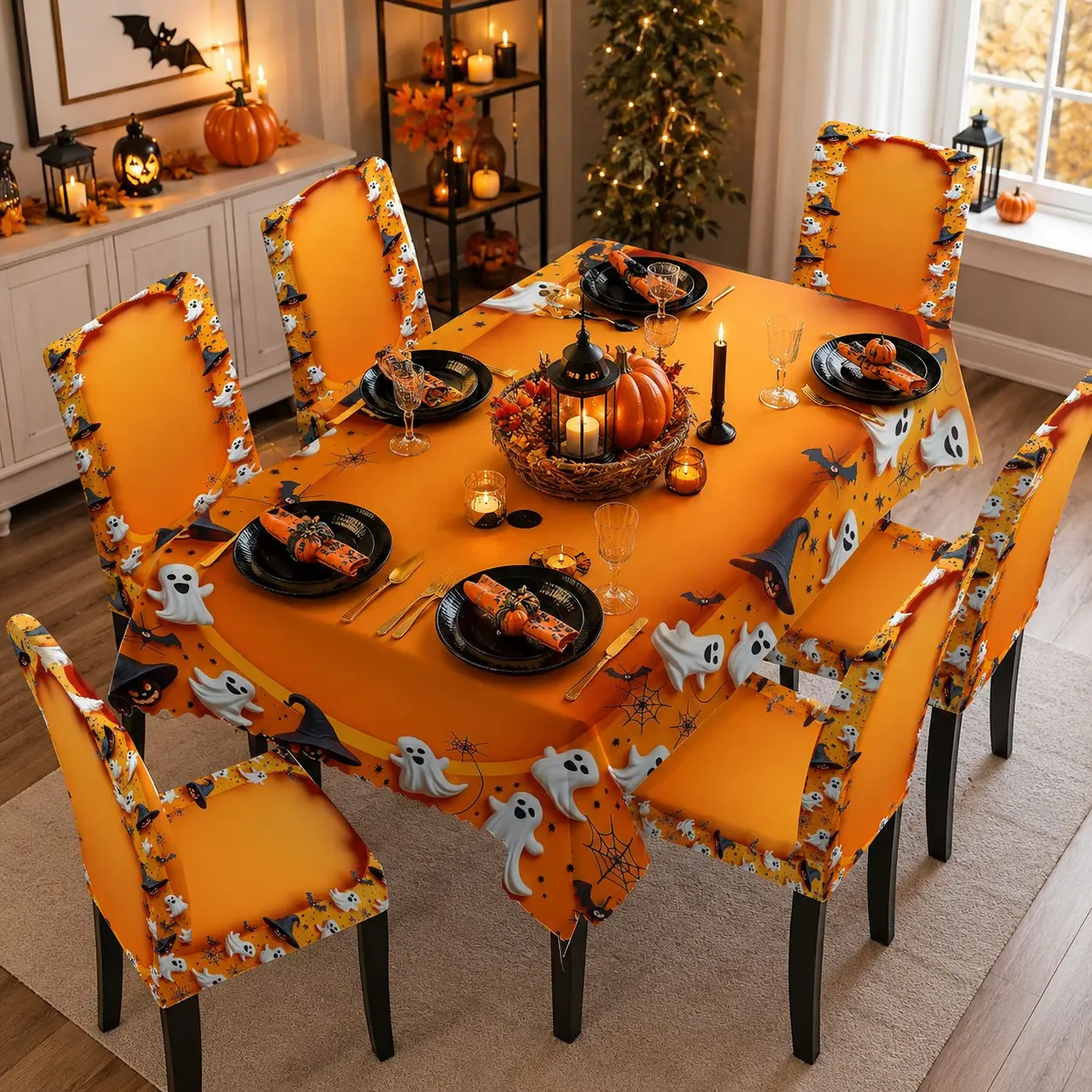 5/7 Pcs 3D Ghost Witch Hat Bat Spider Web Orange Border Halloween Print Tablecloth & Chair Cover Set, Cute Spooky Party Decor, Stretch Removable Washable Dining Chair Slipcover, For Halloween Parties, Family Gatherings & Home Table Decor