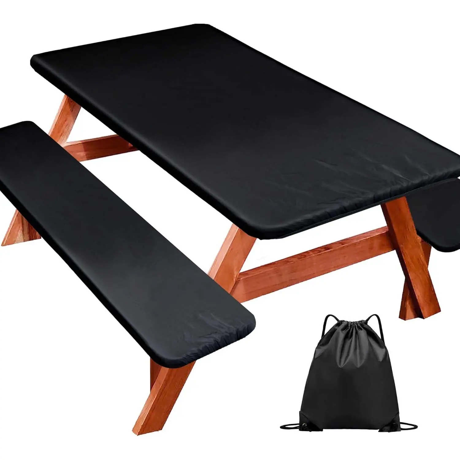 Picnic Table Cover with Bench Covers, Camping, Fitted Camping Tablecloth with Drawstring Bag, Waterproof and Oil-with elastic for Indoor, 72in (Black)