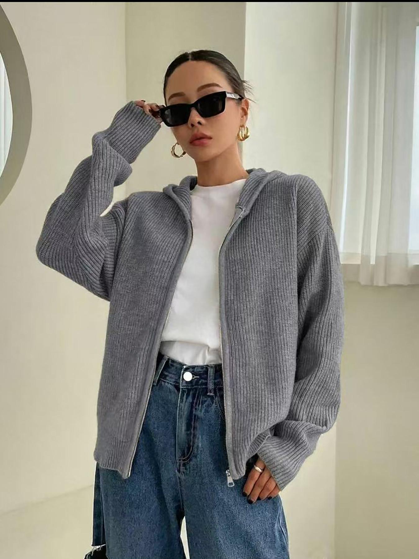 Women's Solid-Color Zip-Up Hooded Cardigan, Casual Fit Long Sleeve Knitwear for Fall & Winter, Ladies' Fashion Sweater for Daily Wear