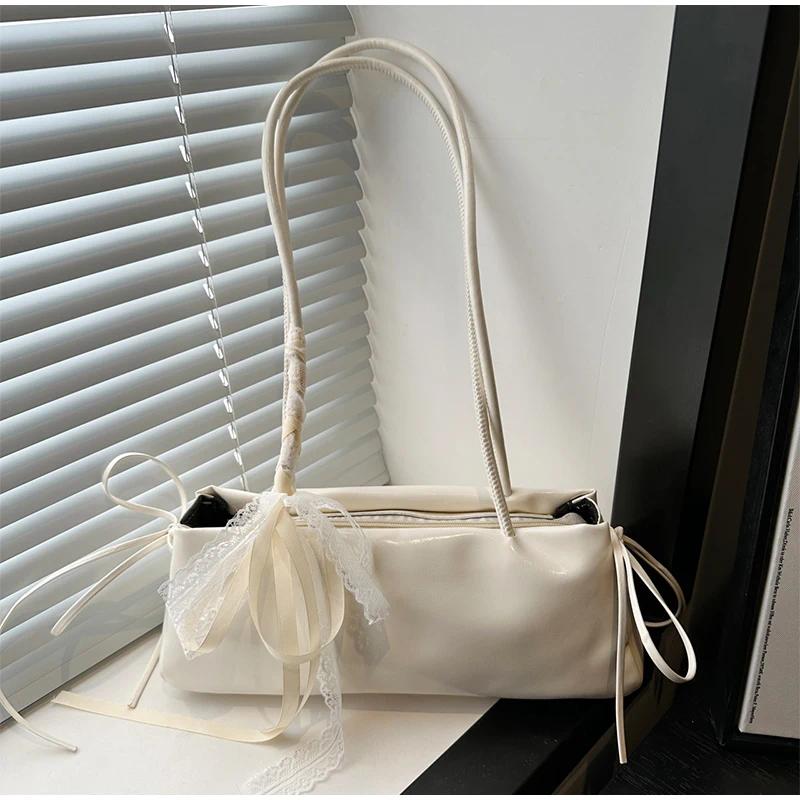 French Elegant Square Bag Korean Bow Decoration Pu High-quality Bag Niche Simple Ballet Style Shoulder Bag New Casual Women Bags