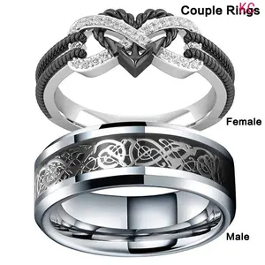 Stainless Steel Black Heart Couple Ring Set, Versatile Finger Jewelry For European And American Couples Daily Outfit Matching Accessory