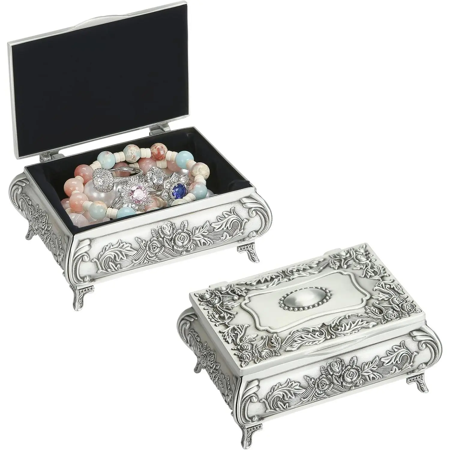 Metal  Box for Women (Style 2) | Ring Earrings Necklaces Holder, Antique Design with Rose , Trinkets  Box,  for Desser Storage & Decor