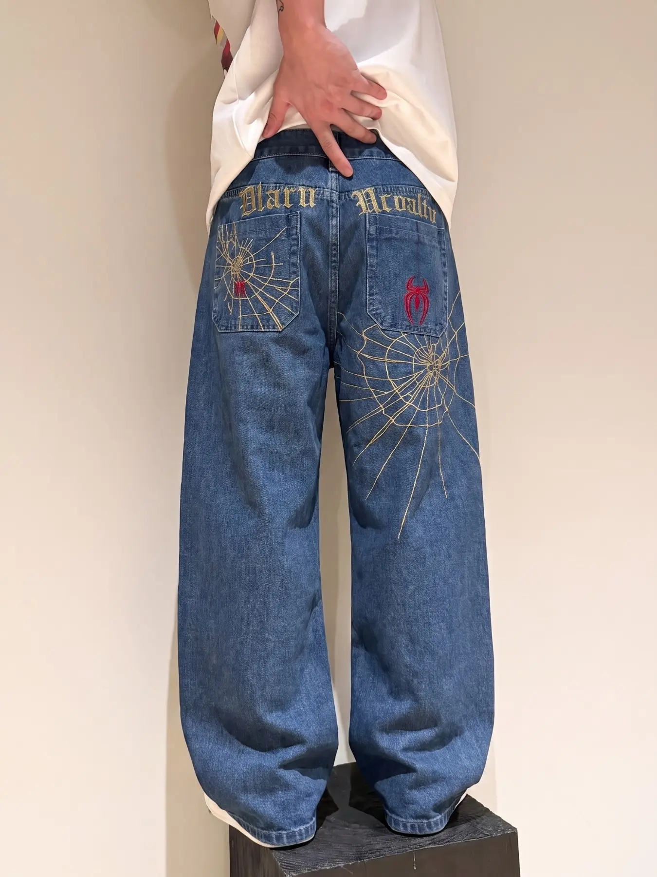 Men's Vintage Blue Loose Fit Wide Leg Jeans, Spider Web Embroidery Streetwear, Casual Four-Season Denim Jeans, Batch Number 2026