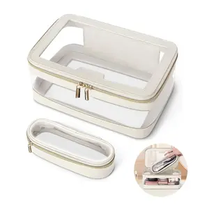 Travel Clear Makeup Bag with Makeup Brush Bag, 2 Counts/set Portable Cosmetic Bag Case, TransparentWaterproof Cosmetic Organizer Storage Bag Set for Women
