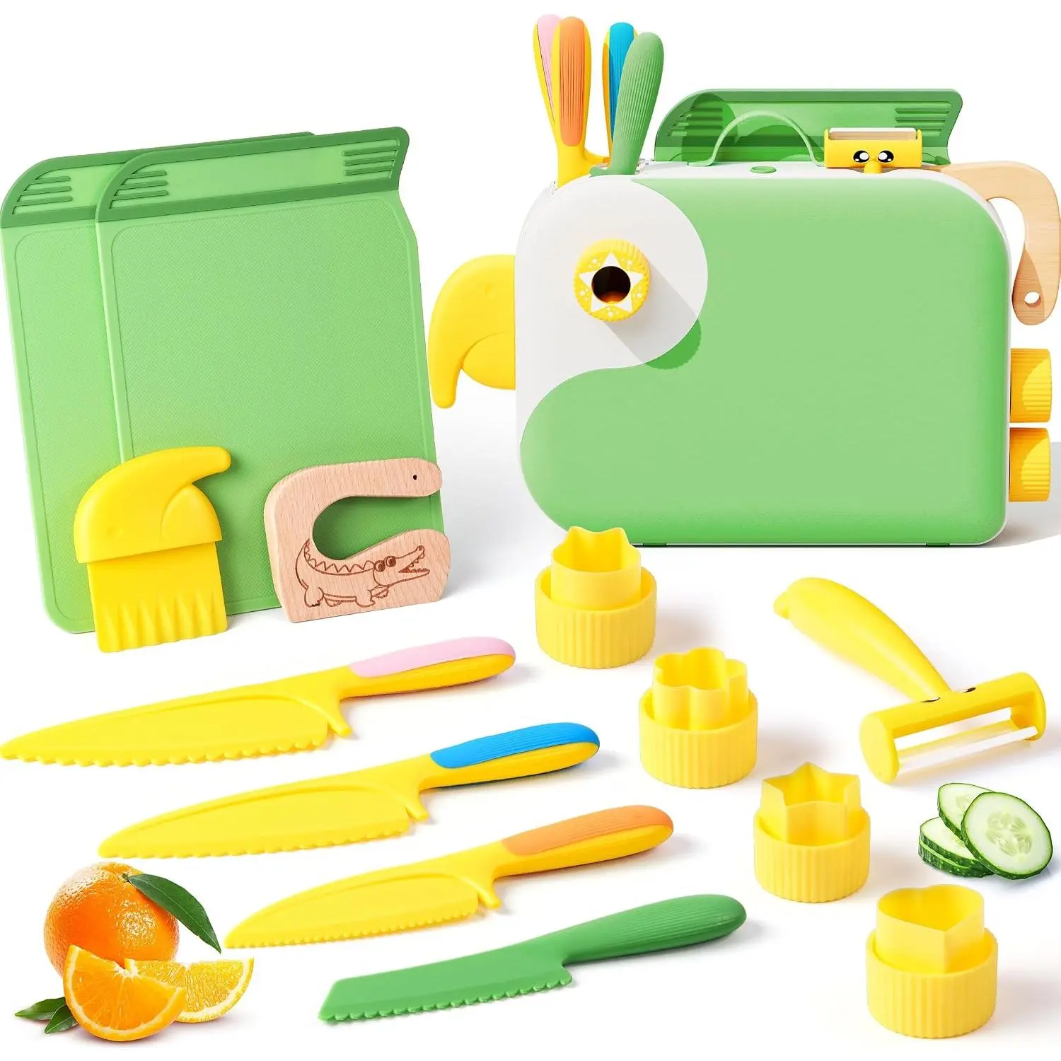 Montessori Kitchen Tools for Toddlers with Storage Box-Kids Cooking Set Real,Safe PP Material Toddler Kitchen Tools for Real Cooking,Dishwasher Safe,Fun Bird-Shaped Organizer Toddler Knife Set