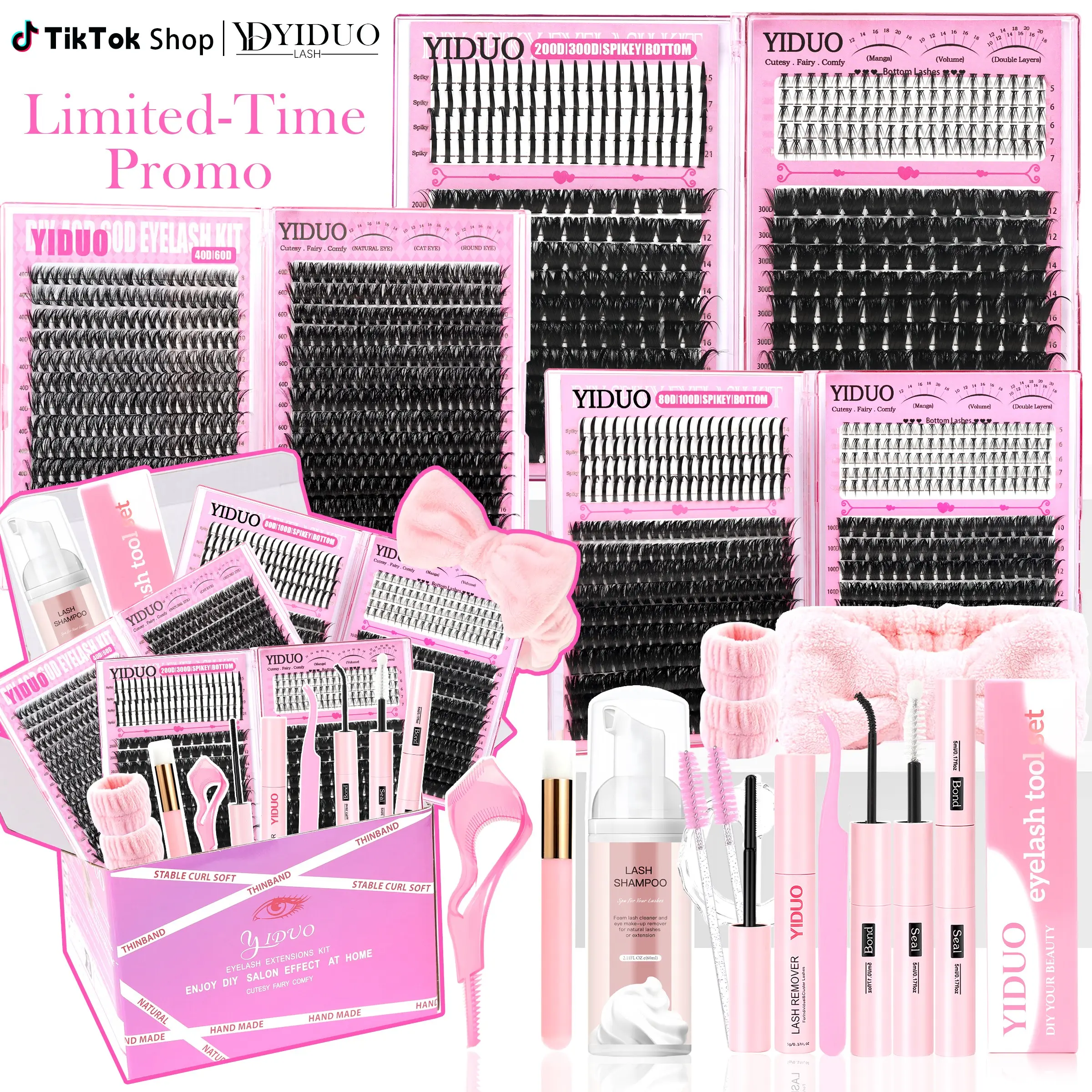 YIDUO 1520PCS DIY Lash Extensions Kit 8 Styles D Curl Cluster Lashes Fluffy Wispy Spiky Bottom, All-in-One with Bond Seal Remover Shampoo Mascara Shield Tweezers Headband, Easy Apply Long Lasting, Perfect Gift Set for Beginners