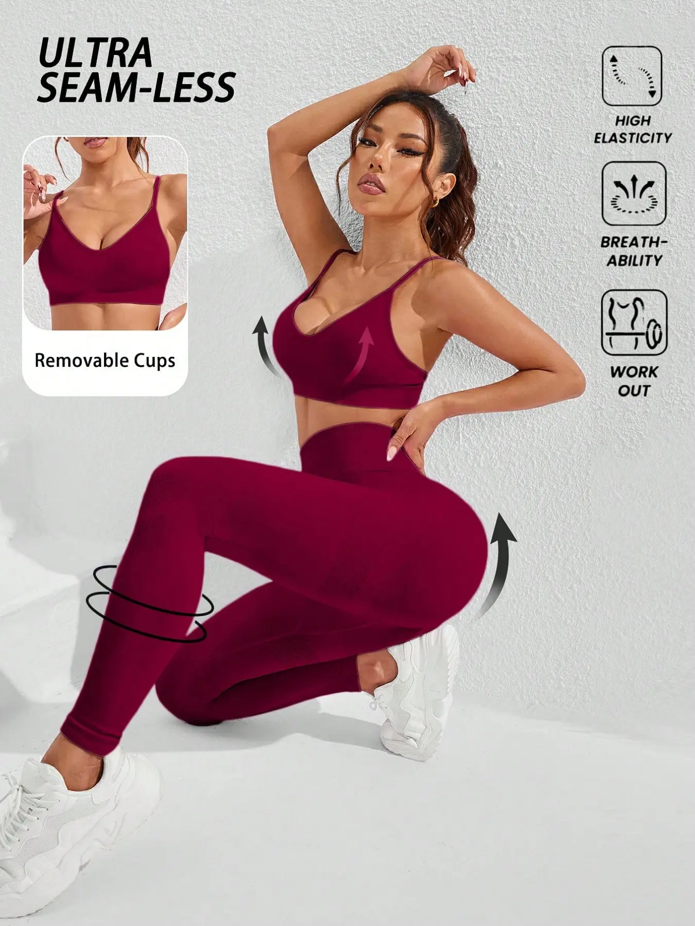 Women's Solid Color Sportswear Set, Elastic Tightening Tummy Control Butt Lifting Yoga, 2-Piece Top and Pants, All Seasons