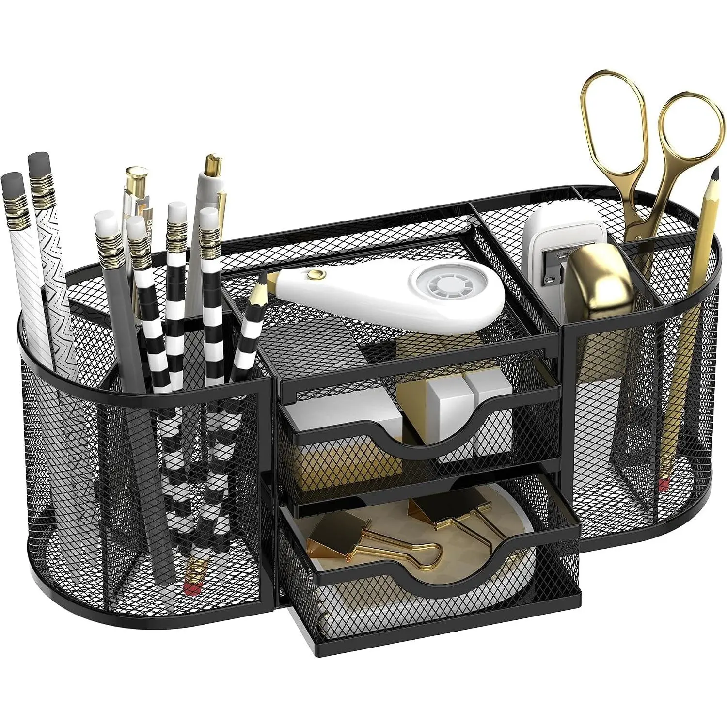 Mesh Desk Organizer with 8 Compartments and 2 Drawers, Black Pen Holder for Desk, Office Supplies Storage for Pens, Pencils, Scissors, Tape and Small AccessoriesGift