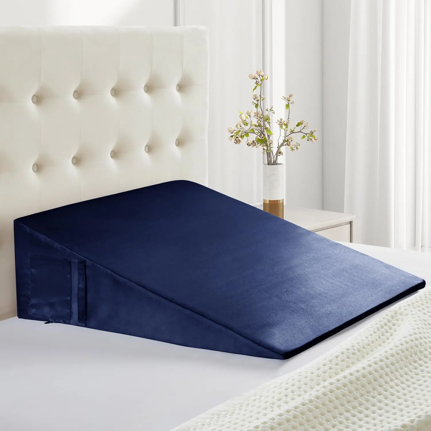 Satin Wedge Pillow Case Cover, Navy Blue Silky Wedge Pillowcase Removable & Machine Washable Cases with Zipper, 24"x24"x7.5"(Pillow Not Include)