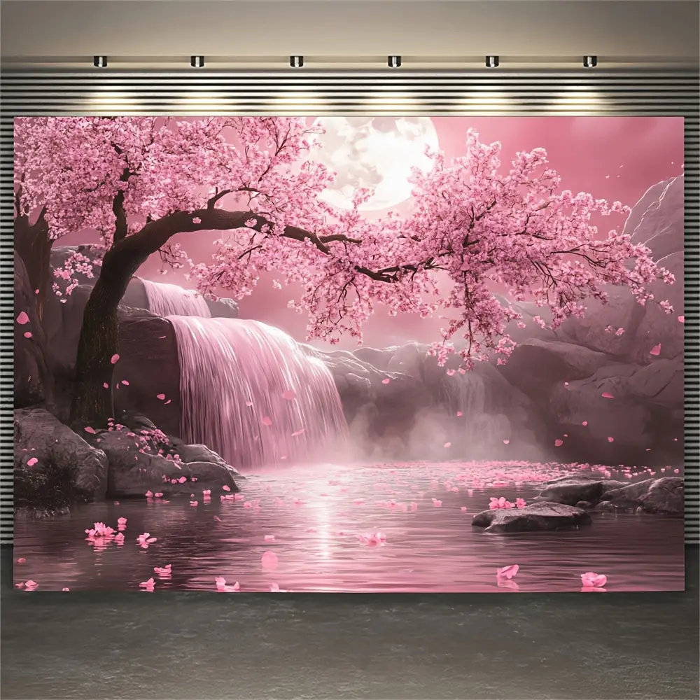 1pc Pink Sakura Cherry Blossom Tree & Waterfall Japanese-Inspired Polyester Fabric Wall Art Print - Hangable Floral Decor Decoration for Indoors, Tailgating, Easy to Hang, 2D Flat, No Electricity Needed