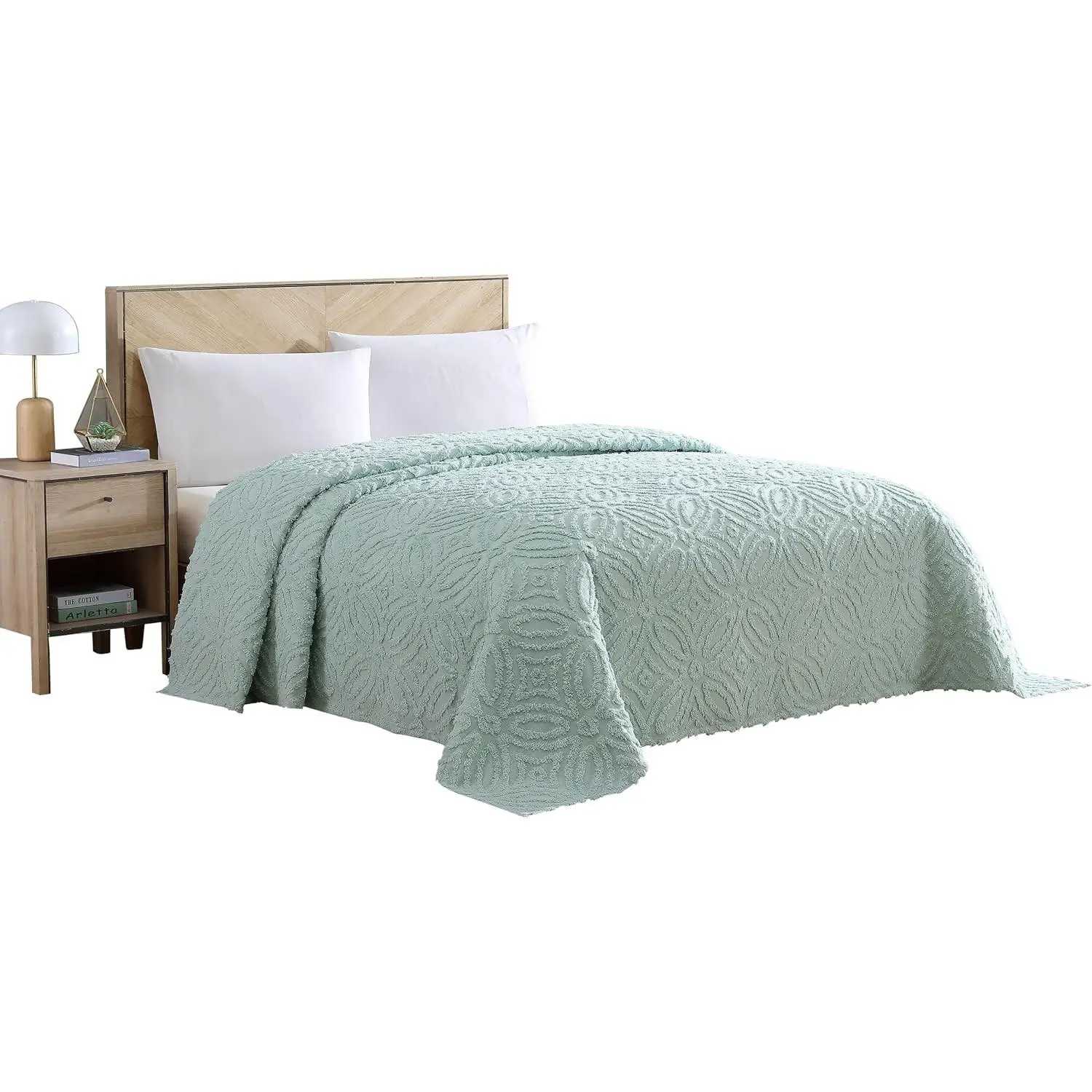 Wedding Ring King Cotton Chenille Bedspread, Blue Tufted lightweight soft, cozy plush 100% cotton bedspread in a traditional wedding ring pattern