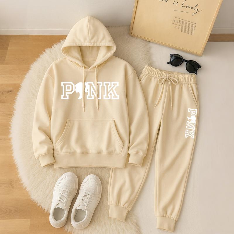 Women's Pink Girl Print Hoodie And Drawstring Track Pants Set, Casual Sportswear, Long-Sleeved Hooded Jacket And Pants, Suitable For Autumn And Winter, Everyday Wear, Indoor And Outdoor Sportswear, Sportswear Set, Casual Sportswear