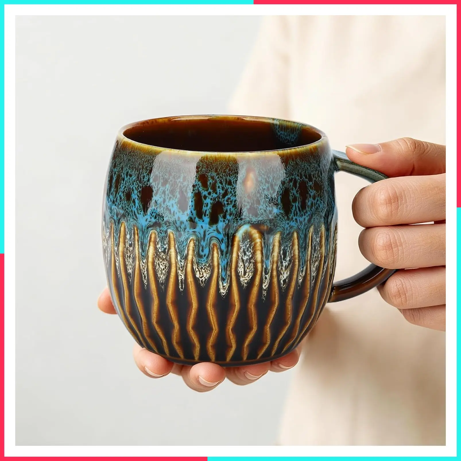 20oz Large Ceramic Coffee Mug, Unique Handmade Stoneware Cup for Tea Latte, Microwave Safe Oversized Pottery Mug with Handle, Blue Wide Clay Mug for Men