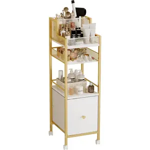 Makeup Organizer Storage Cart with Drawers, Large Floor Makeup Skincare Organizers, Rolling Makeup Cart Vanity Organizer Cosmetics Display Cases Holder for Nail Polish Brush Hair Tool（Gold）