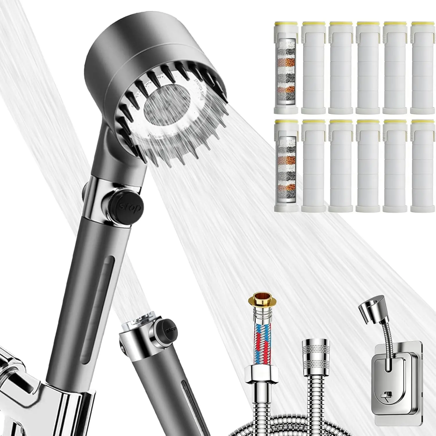 High-Pressure Filtered Shower Head with Handheld, Stainless Steel 75in Hose, Multi-Layer 12 Water Softening Filters for Hard Water, 4 Spray Modes, Pause Switch, Scalp Massager, 2 Brackets, Skin Soothing for Kids