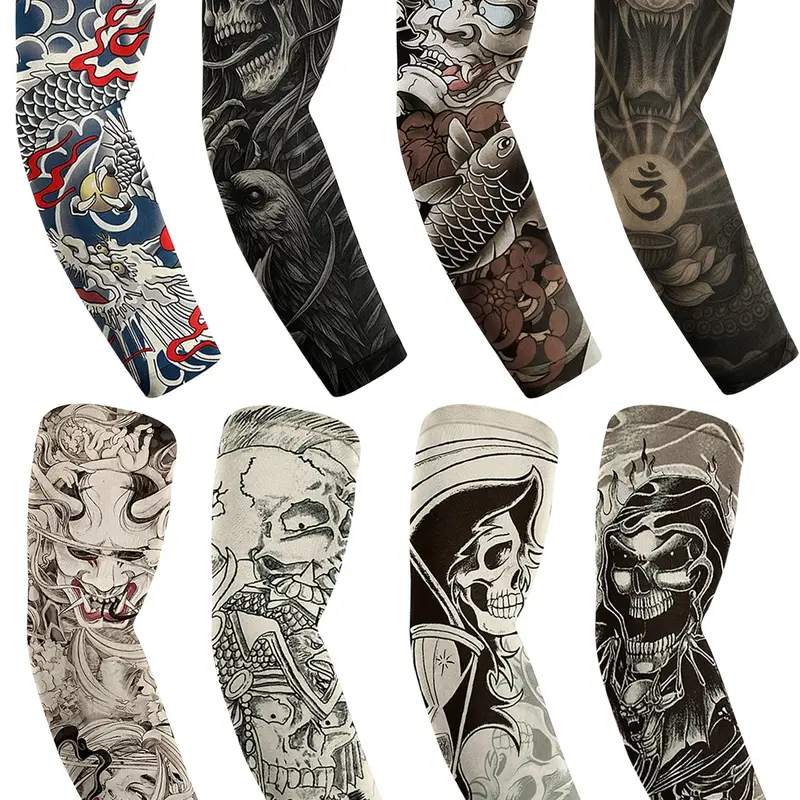 8 Pcs Men's Cooling Arm Sleeves Long Fingerless Arm Cover Anti Slip UV Protection Sun Temporary Tattoo Sleeves Cooling Sports Sleeve