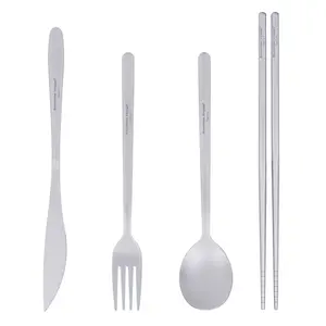 Boundless Voyage Titanium Spoon Fork Knife Square Chopsticks Set, Korean Style Dining Kit, Outdoor Ultra-Light Portable Cutlery with Storage Bag