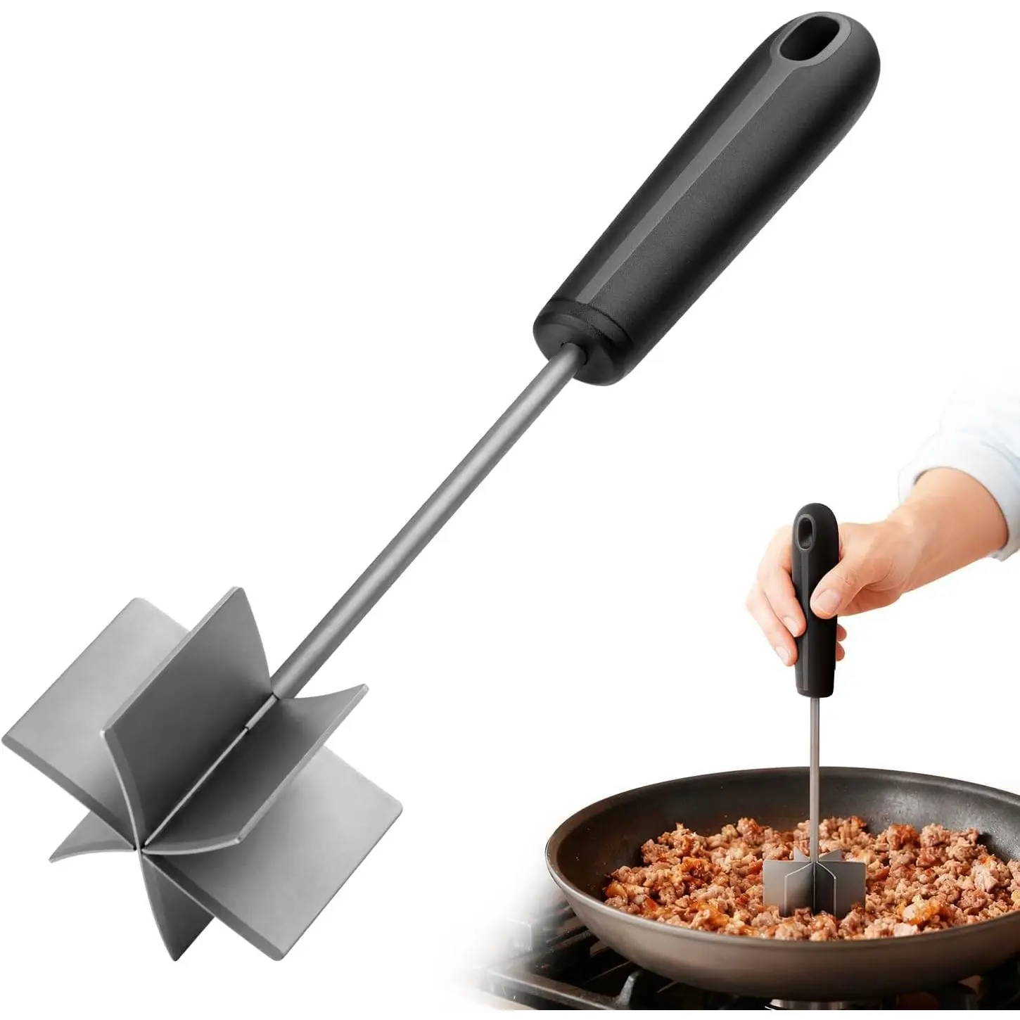304 Stainless Steel Kitchen Utensils Meat & Sausage Masher, 10-Inch Heat-Resistant Heavy-Duty Hamburger Smasher with Non-Slip Handle, Dishwasher Safe
