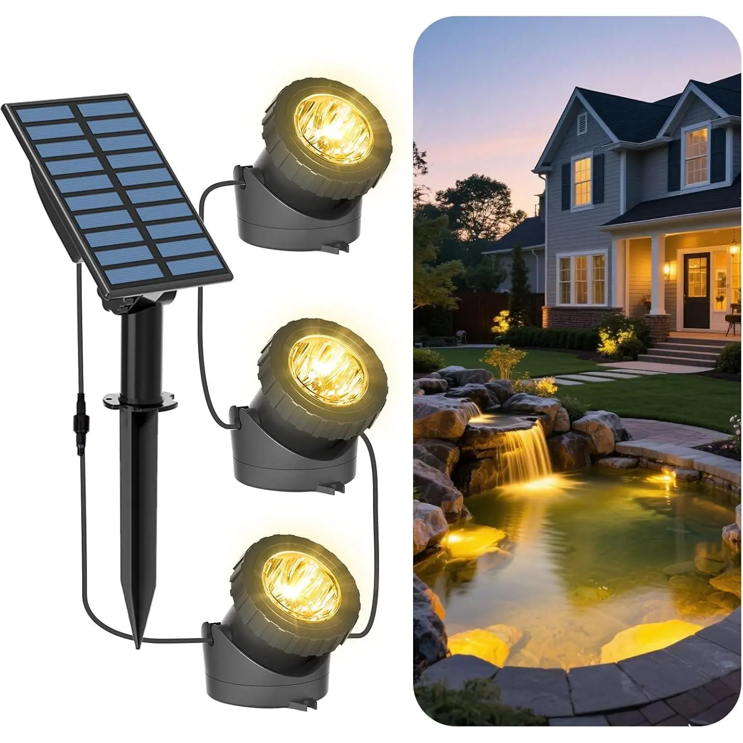 Solar Pond Lights, 3-in-1 Warm White LED Submersible Light with 2 Light Modes, IP68 Waterproof Floating Underwater Lights for Outdoor Ponds, Garden Fountain, Decorative Aquascape