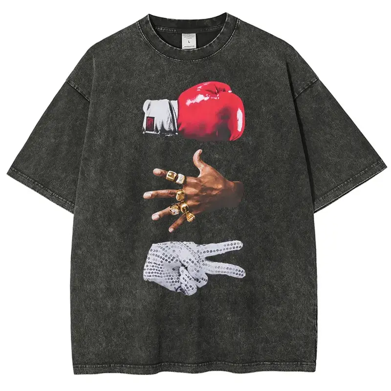 Menswear Short Sleeve Retro Hip Hop "Boxing Championship Rings and Gloves" Graphic T-Shirt - Vintage Washed Oversized Round Neck Tee, Cotton-Polyester Blend, Ideal for Gym & Casual Wear, Great Gift Option, Shortsleeve, Top, Tshirt, Unisex, Graphic Print