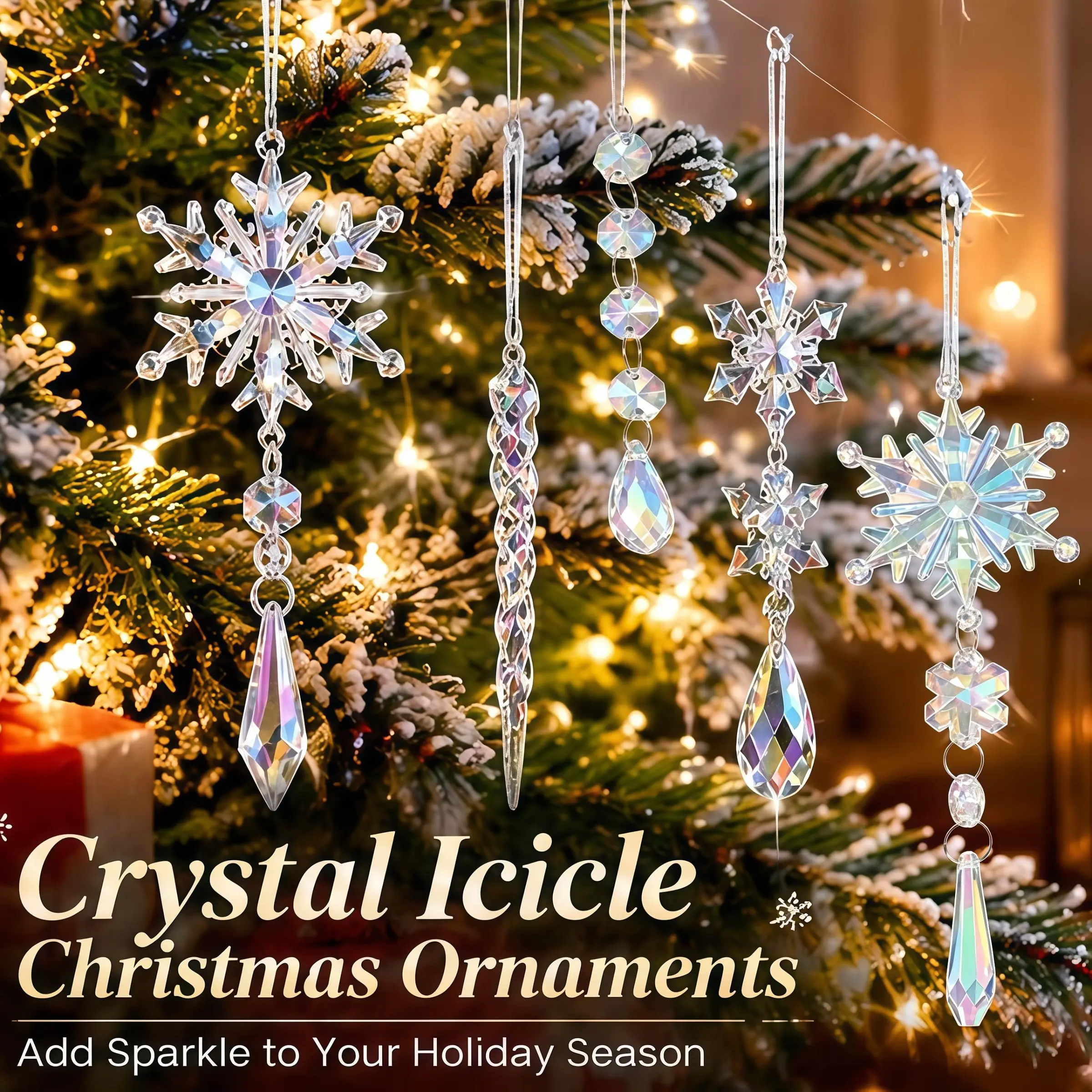 Crystal Icicle Christmas Ornaments, Clear Transparent Acrylic Snowflake Hanging Decorations, Elegant Winter Tree Pendants for Christmas Tree, Home Indoor Outdoor Holiday Decor, Thanksgiving Party Decoration