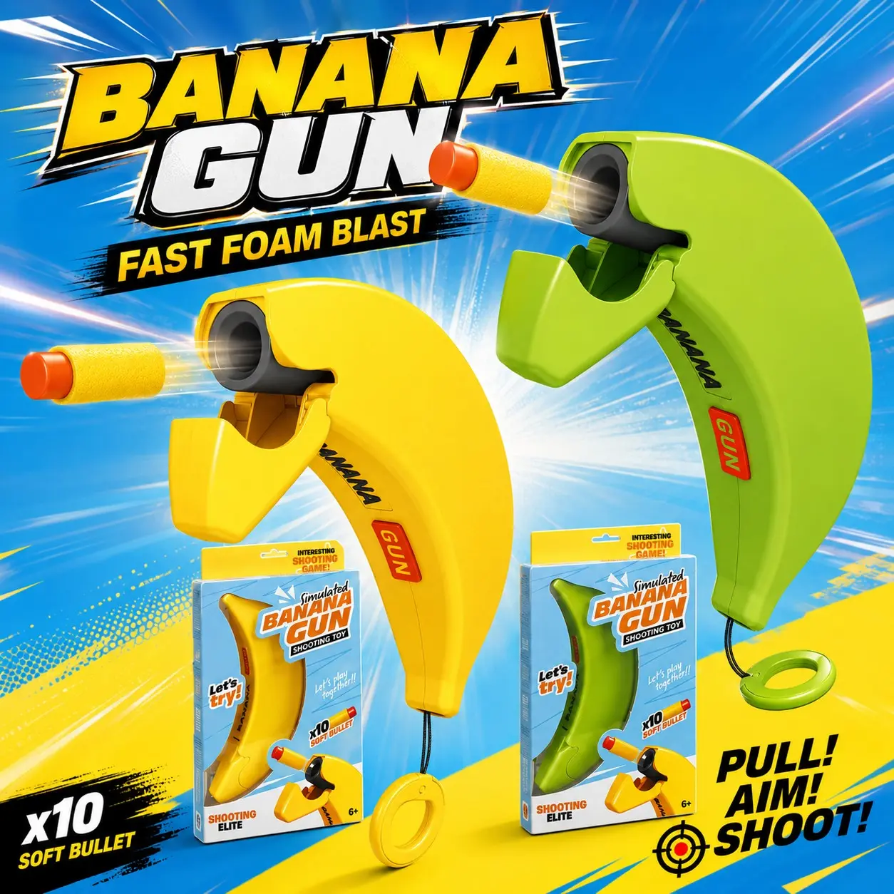 Banana Foam Dart Blaster Toy, Funny Pull-Ring Shooting Target Game with 10 Soft Foam Darts, Indoor Party & Family Play Toy, 2 Colors, Foam Dart Launcher