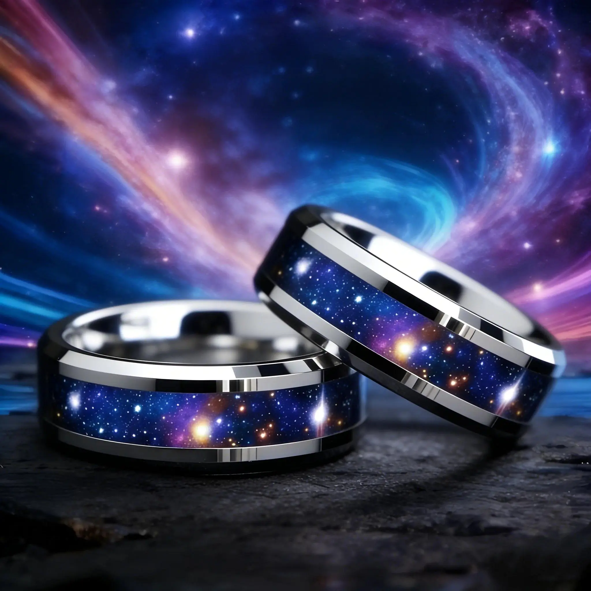 Men's Celestial Icon Ring, 8mm Stainless Steel Band with Galaxy Nebula Design, Non-Tarnishing Wedding Jewelry, Band-Shaped Rings, Celestial Icon Rings