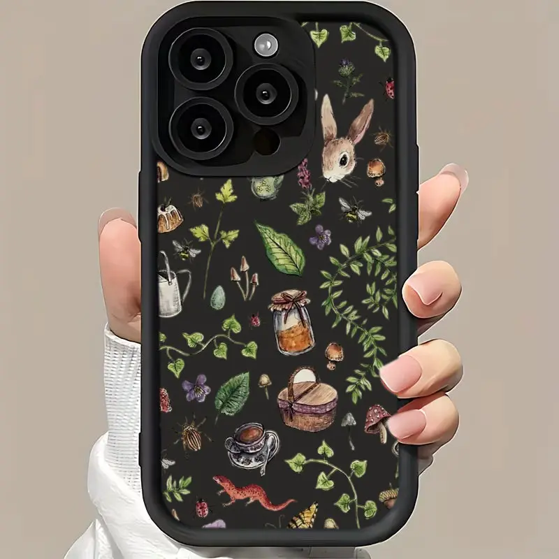 Forest Rabbit Mushroom Watercolor Phone Case,Cottagecore Wildlife Insect Seamless Pattern for iPhone 17 16 15 14 13 12 11 Plus Pro Max,Nature Lover Whimsical Vintage Daily Birthday Gift