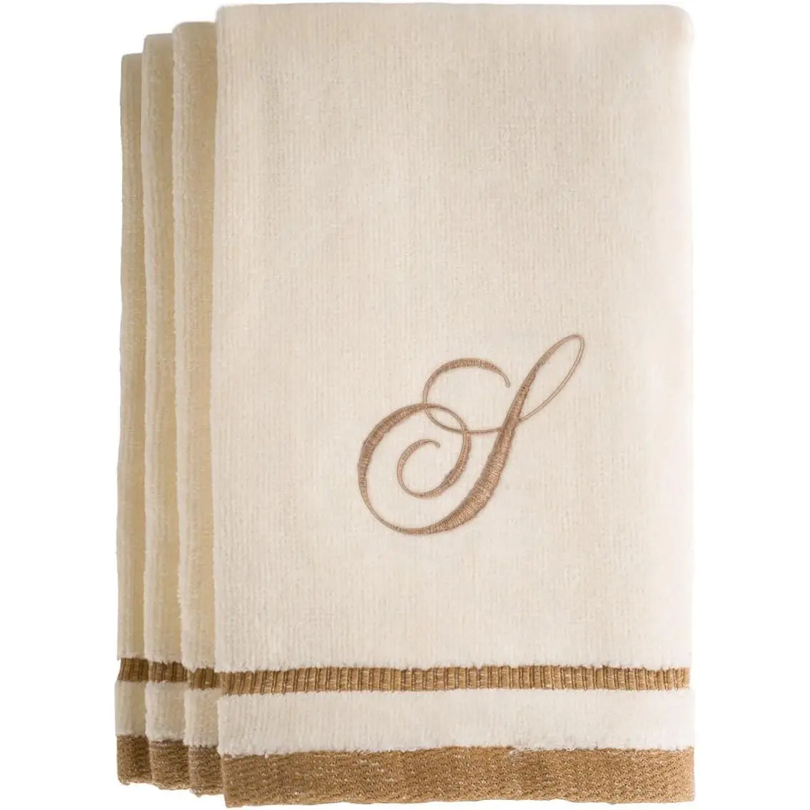 11 x 18 Inches Fingertip Towels Set of 4, Decorative Golden Brown Embroidered Extra Absorbent 100% Cotton Towel, Personalized Monogrammed Gift for Bathroom Kitchen, Initial S (Ivory)