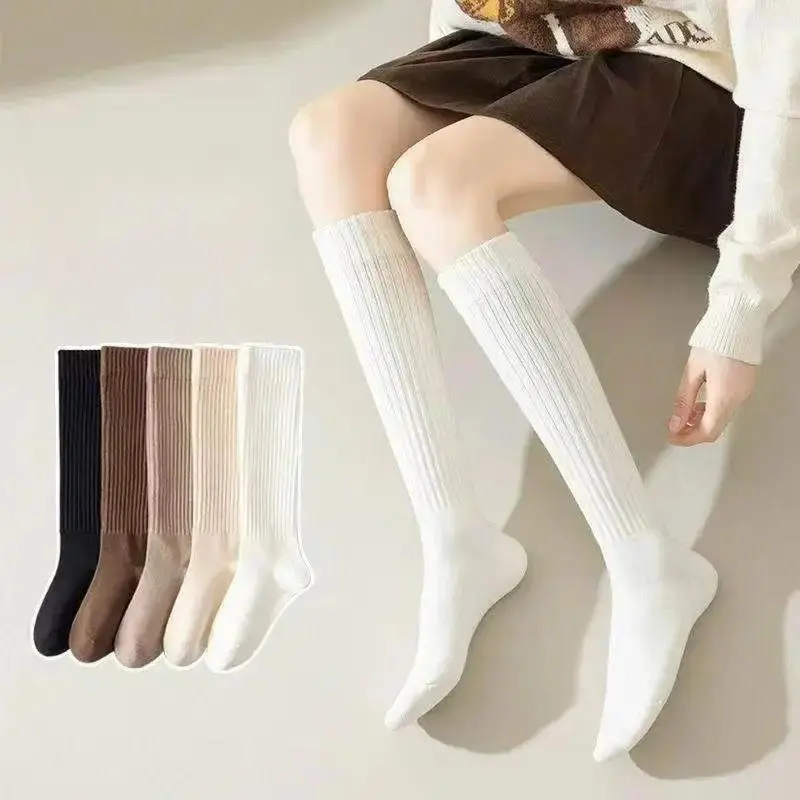 Women's 5-Pair Calf Socks, Cute Solid Textured Boot Socks with Side Stripes, Thick Slim Fit for Fall & Winter, Basic, Mix Color, Slim Boot Fit, Calf High, Casual, Machine Washable, Socks Set
