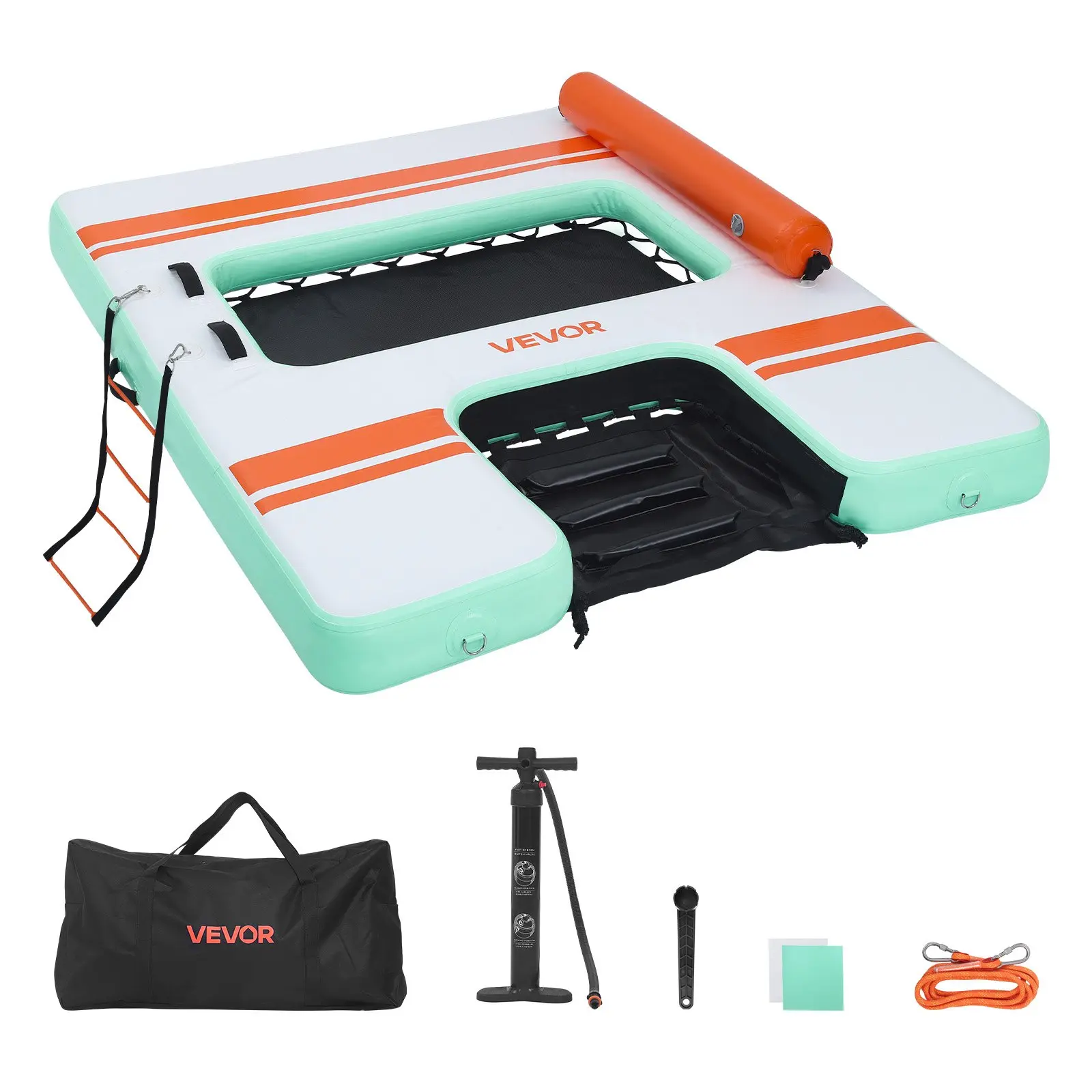 toolupgrade VEVOR Outdoor Rectangular Floating Water Platform, 2.44x1.83x0.15 m (8x6x0.5ft) Non-Slip PVC & Fabric Mat, 35.7 lbs, Hand Pump, Portable Bag, Detachable Ladder, Mesh Area for Pool Party