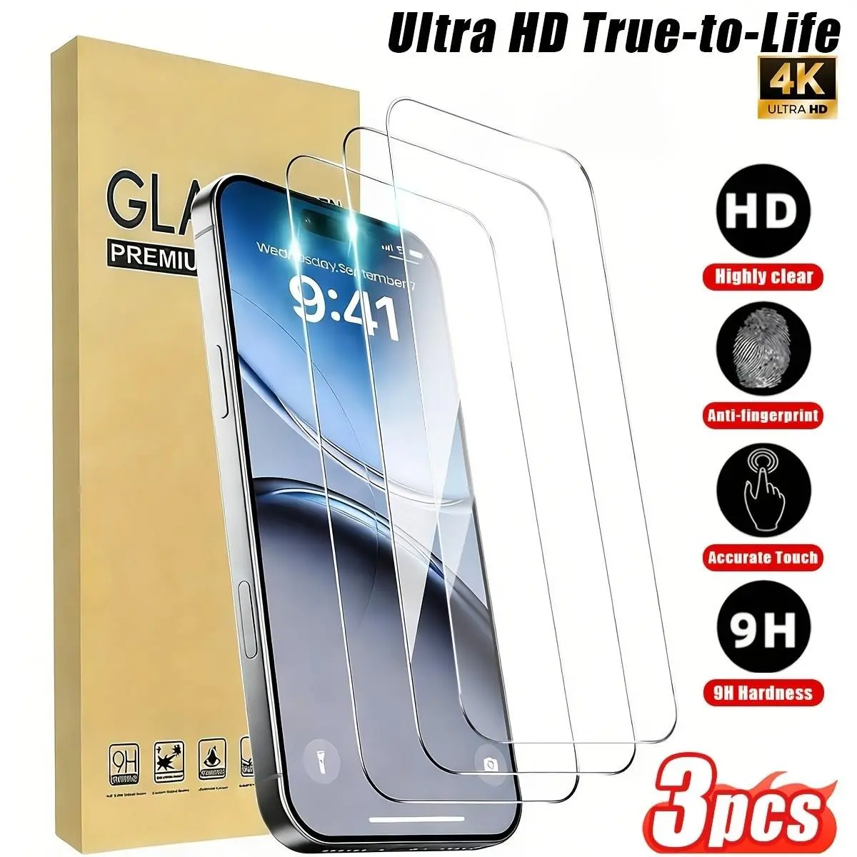 3-Pack Apple 4K Ultra-Clear Full Screen Tempered Glass Protector, Fits iPhone 11-17 Pro/pro Max, 9h Hardness, Anti-Scratch, Oil Repellent