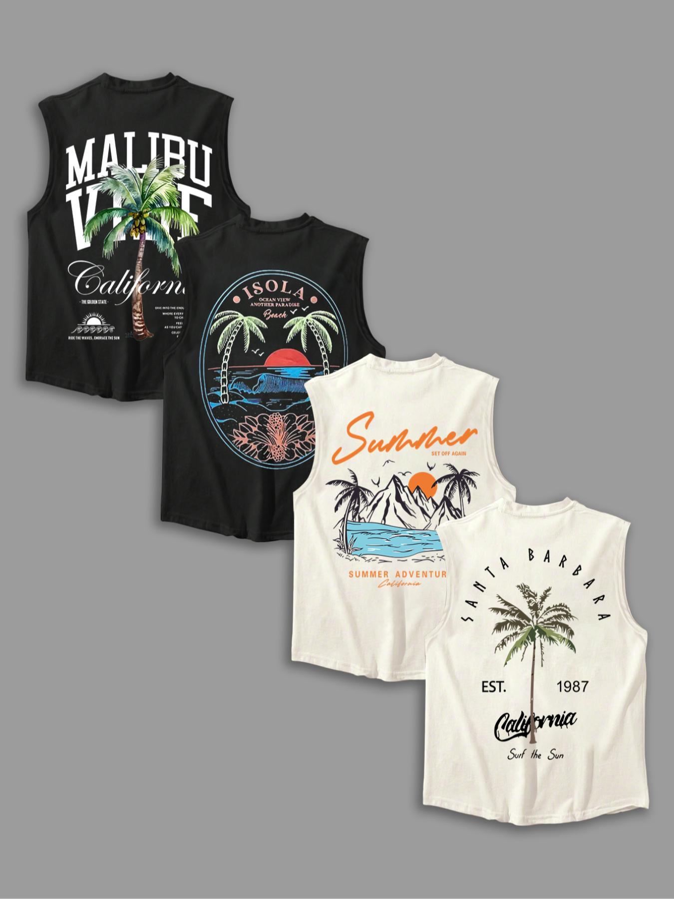 Men's Letter & Tropical Print Round Neck Tank Top, Regular Fit Casual Sleeveless Crew Neck Vest for Summer, Men's Top for Daily Wear, Sleeveless Tank Tops