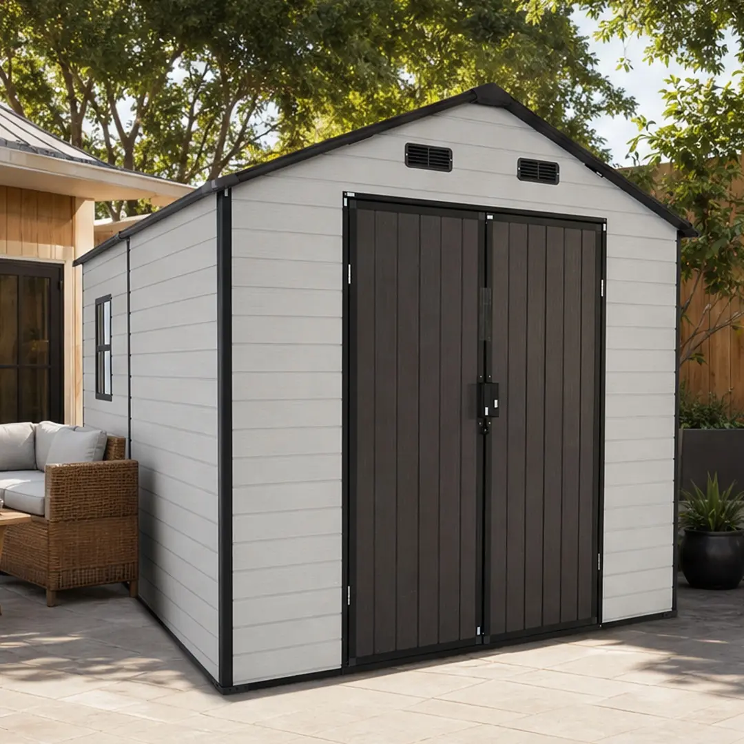 ARCH 8x8 ft House-Shaped Resin Shed with Aluminum Frame, Floor, Windows, Low-Maintenance Resin Walls, All Necessary Hardware, Antique Brown+White Combo Item for Garden Lawn Storage (7.6FT H, 96x101x90.5in)