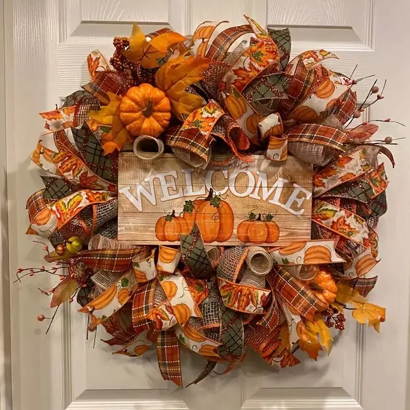Autumn Floral Ring, Realistic Pumpkin Maple Leaf Welcome Wooden Sign Door Decor, Festive Atmosphere Hanging Ornament, 1pc Halloween Decoration