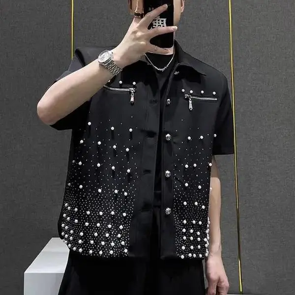 2026 Men's Rhinestone Beading Short Sleeved Shirt Summer American Fashion High Street Zipper Design Shiny Single Breasted T-shirt