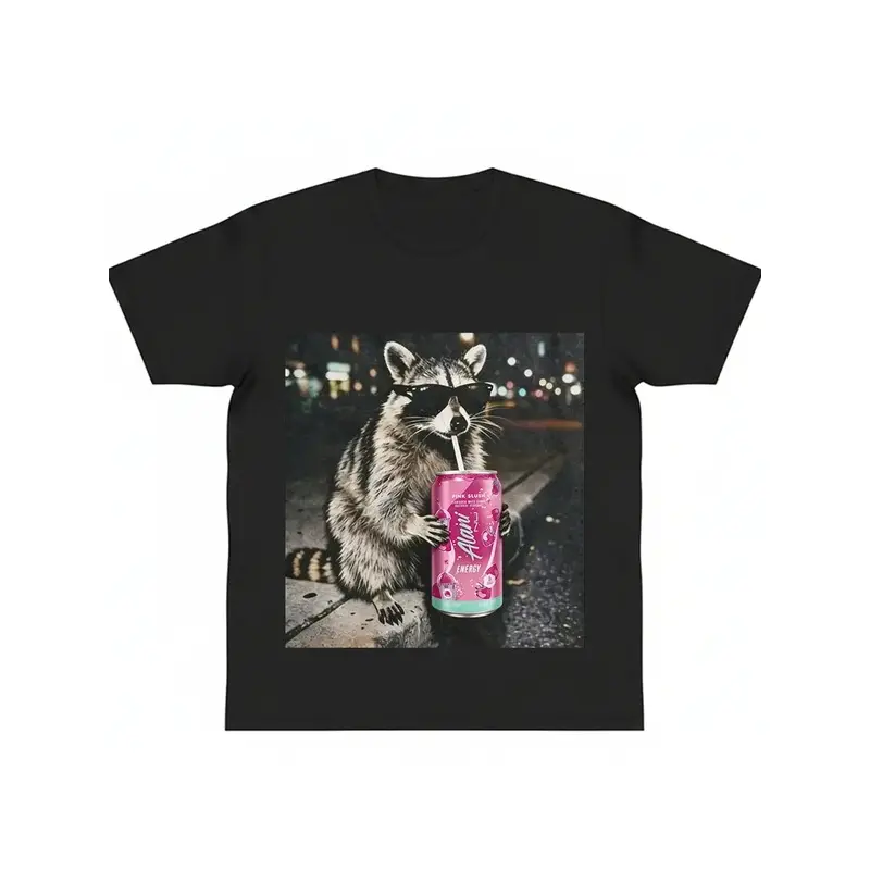 Men's Black Pure Cotton Sports Top - Funny Raccoon Energy Drink Printed Front Graphic Tee, All Seasons Cold Wash Summer Casual Meme Shirt
