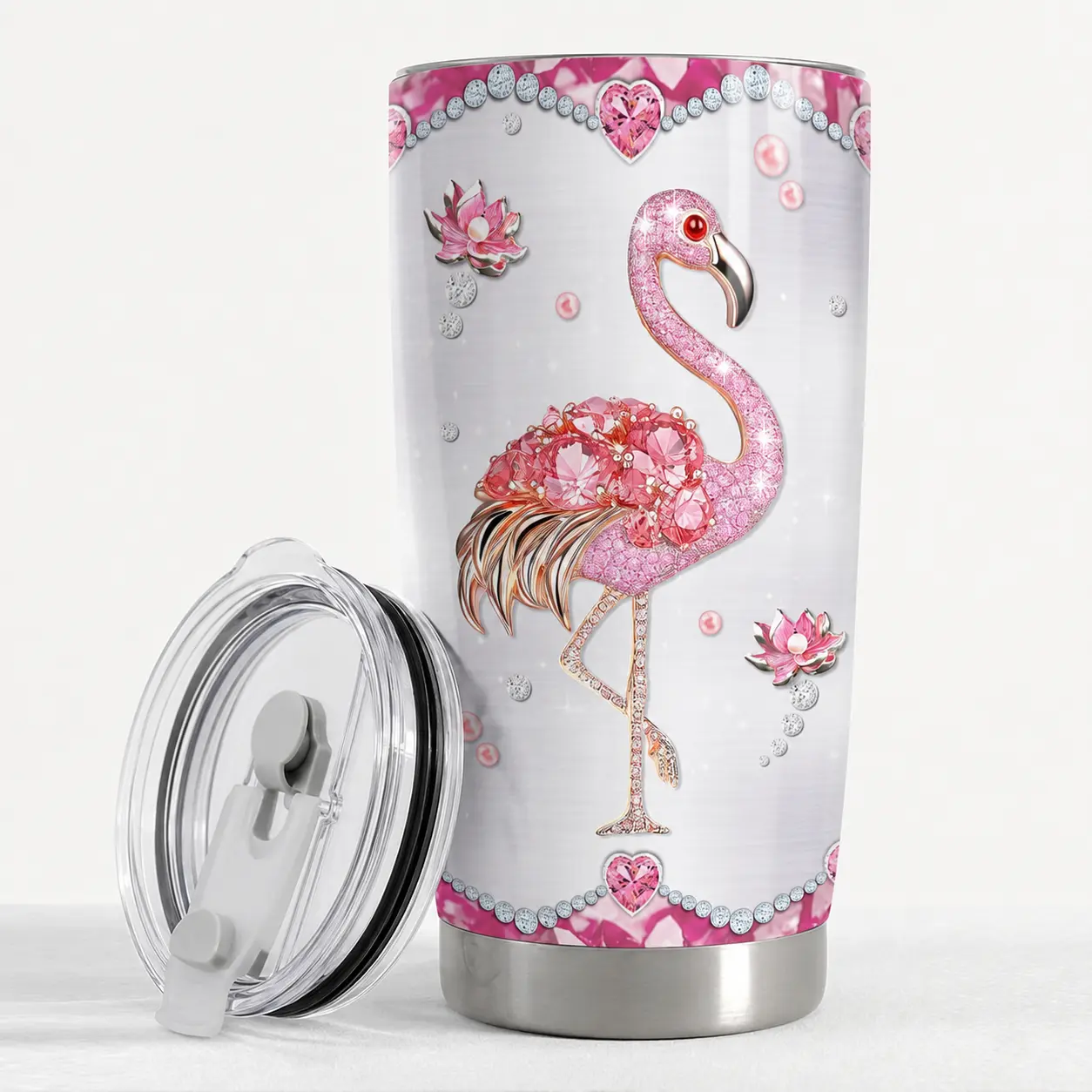 Pink Diamond Jewelry Tumbler, Drawing Flamingo Lotus Heart Rhinestone Cup, 20oz Stainless Steel Tumbler with Lid, Print design Luxury Gemstone Travel Coffee Mug, Halloween Christmas Birthday Gift for Women Girls Flamingo Lovers, Reusable Double Wall Cup