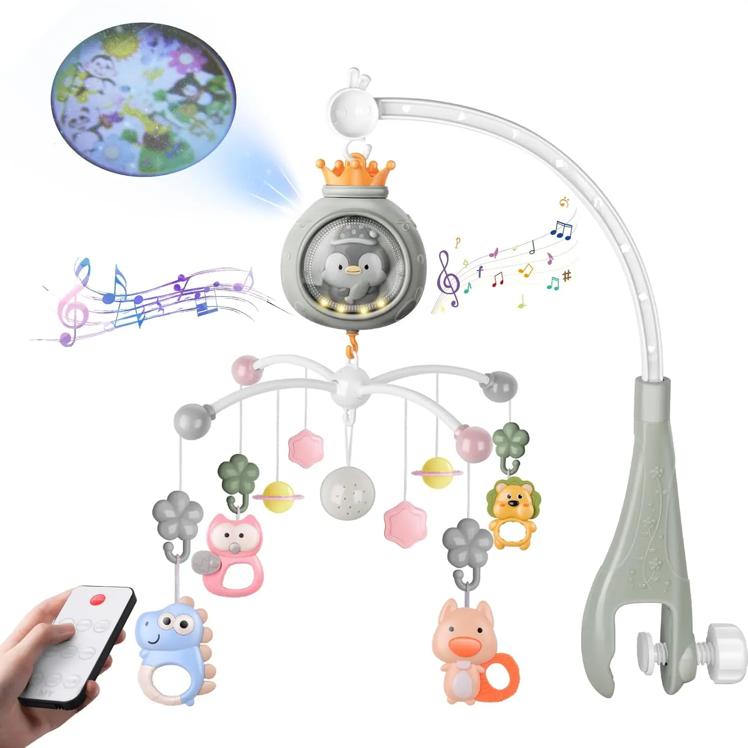 Crib Mobile with Music and Lights, Mobiles  Cribs, Baby Nursery Space Portable Infant Arm Hanger  Girls Boys Babies Bassinets Pack and Play Clip On Attachment, Toys Musical Hanging