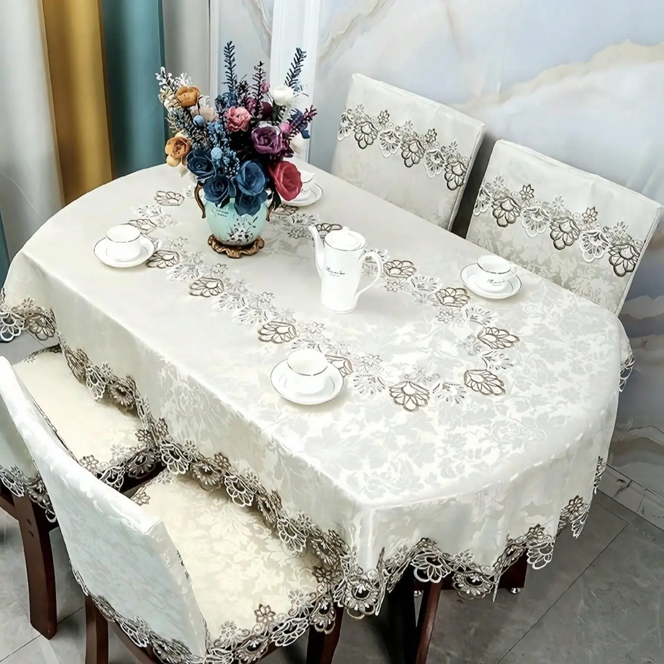 Double Color Embroidered Lace Tablecloth, European Style Polyester Oval Tablecloth, Dustproof Heat-Resistant, Ideal for Dining and Parties