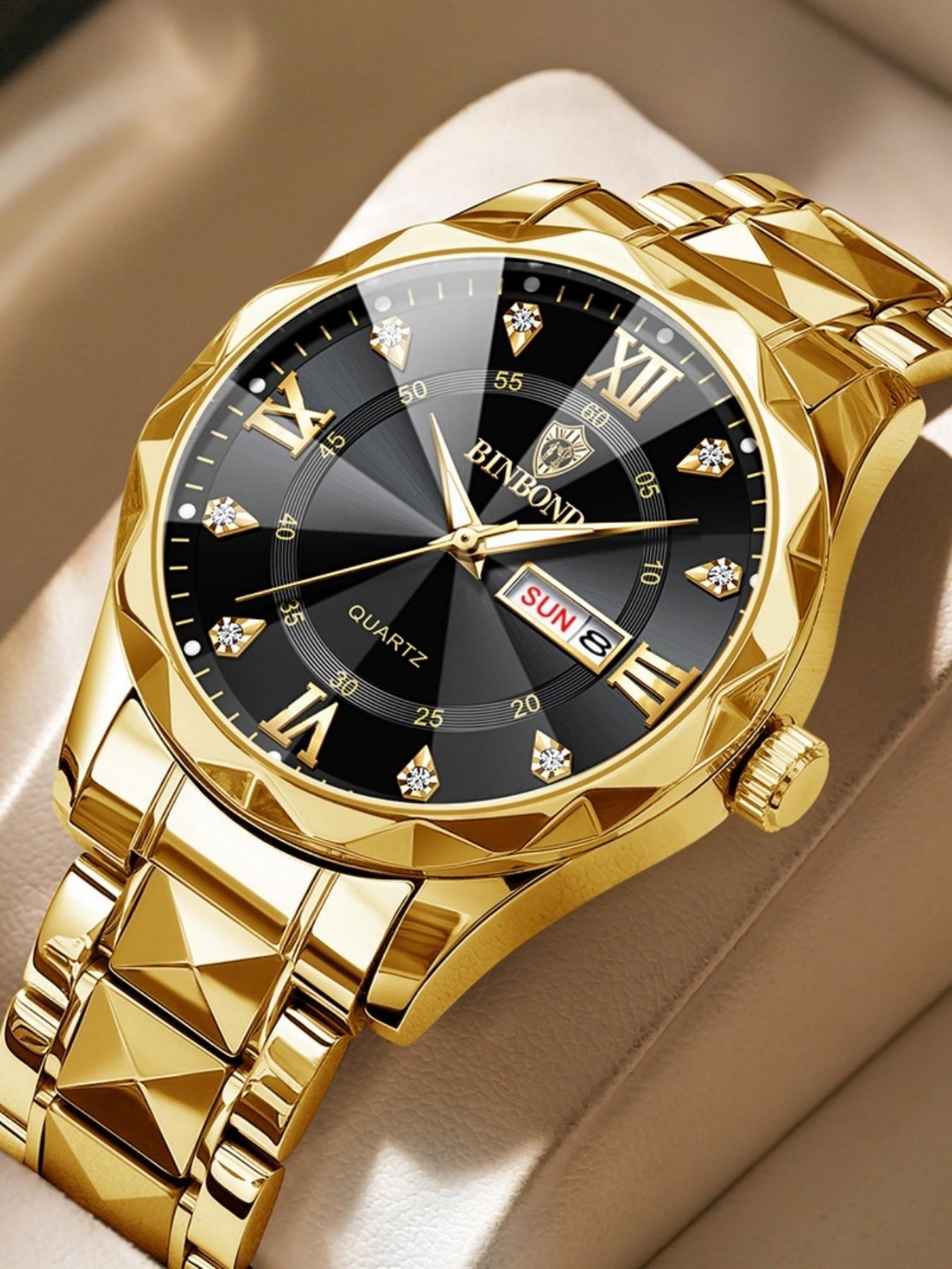 Men's Business Fashion Rhinestone Decor Analog Quartz Watch, Calendrier Waterproof Watch for Party, Daily Decor, Trendy Watch for Birthday Gift with Box, Stainless Steel Wristwatch, Rhinestone Embellished Watch