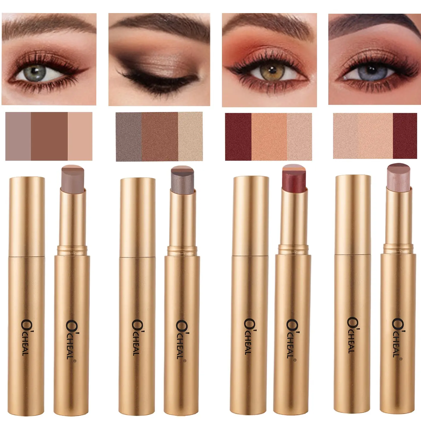 4pcs Tri-Color Eyeshadow Stick, Eyeshadow Makeup, Fine Pearl Gradual Eye Shadow, Flashy Powder, Easy-To-Use, Blend, Natural Color, Long-Lasting, Multi-Functional