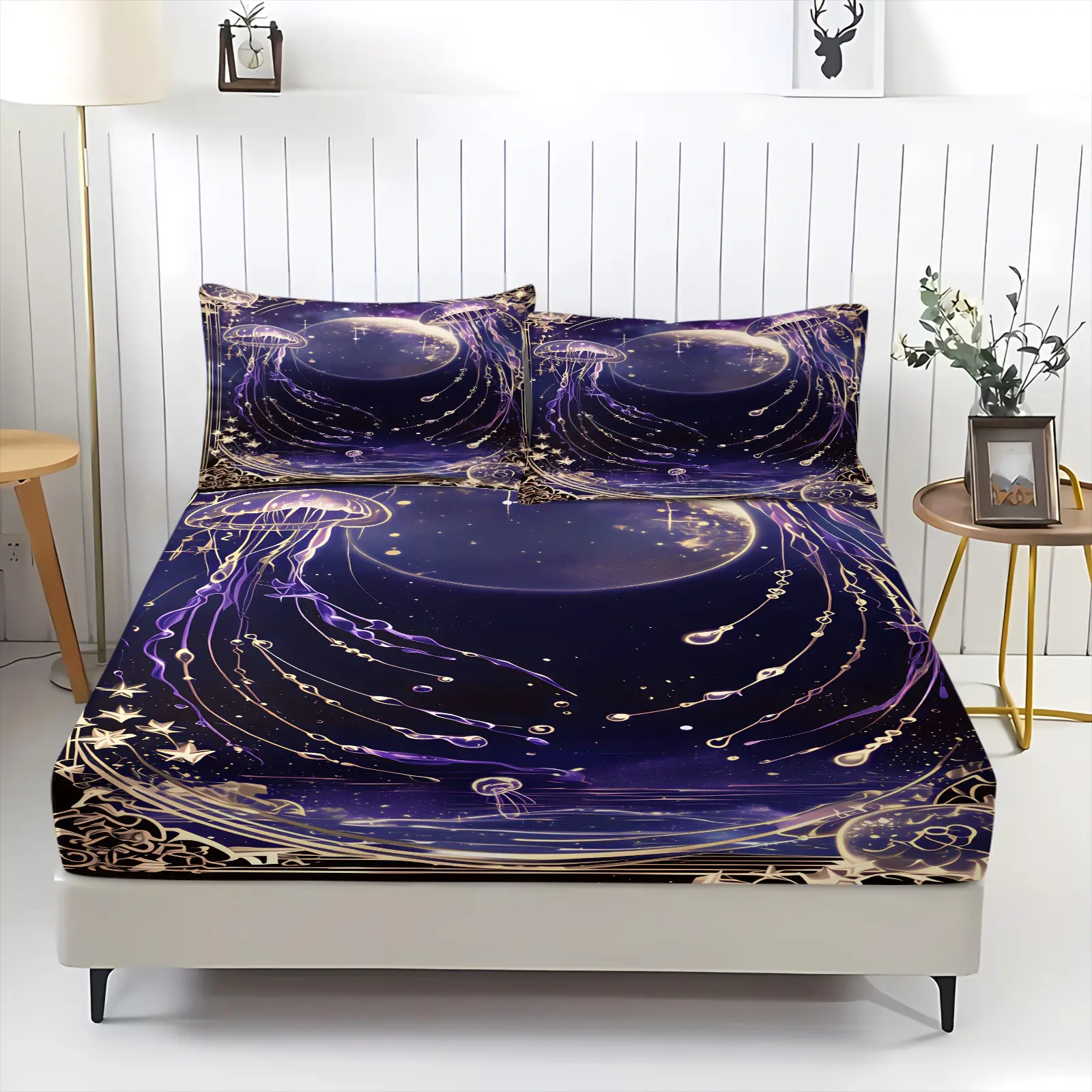 3-Piece Cosmic Starry Sky Fantasy Style Fitted Sheet Set, Machine Washable, Mattress Protection Design, Suitable for All Ages, Four-Season Universal Bedroom Soft Furnishing (Pillow Cores Not Included)