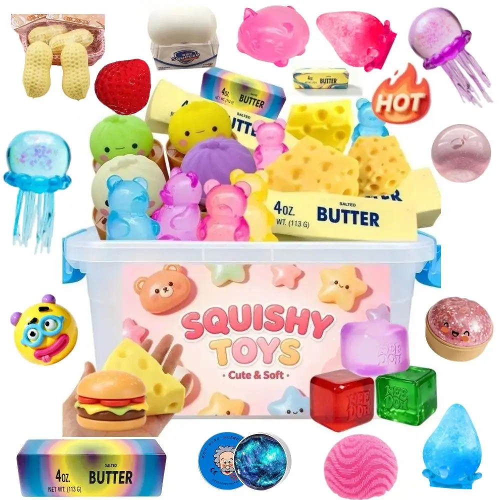 100+ Pcs Mixed Squishy Toys Pack Slow Rising Butter Cube Jellyfish Cheese Burger Squeeze Fidget Toy Stress Anxiety Relief ASMR Sensory Desk Toy for Kids Teens Adults Party Favors