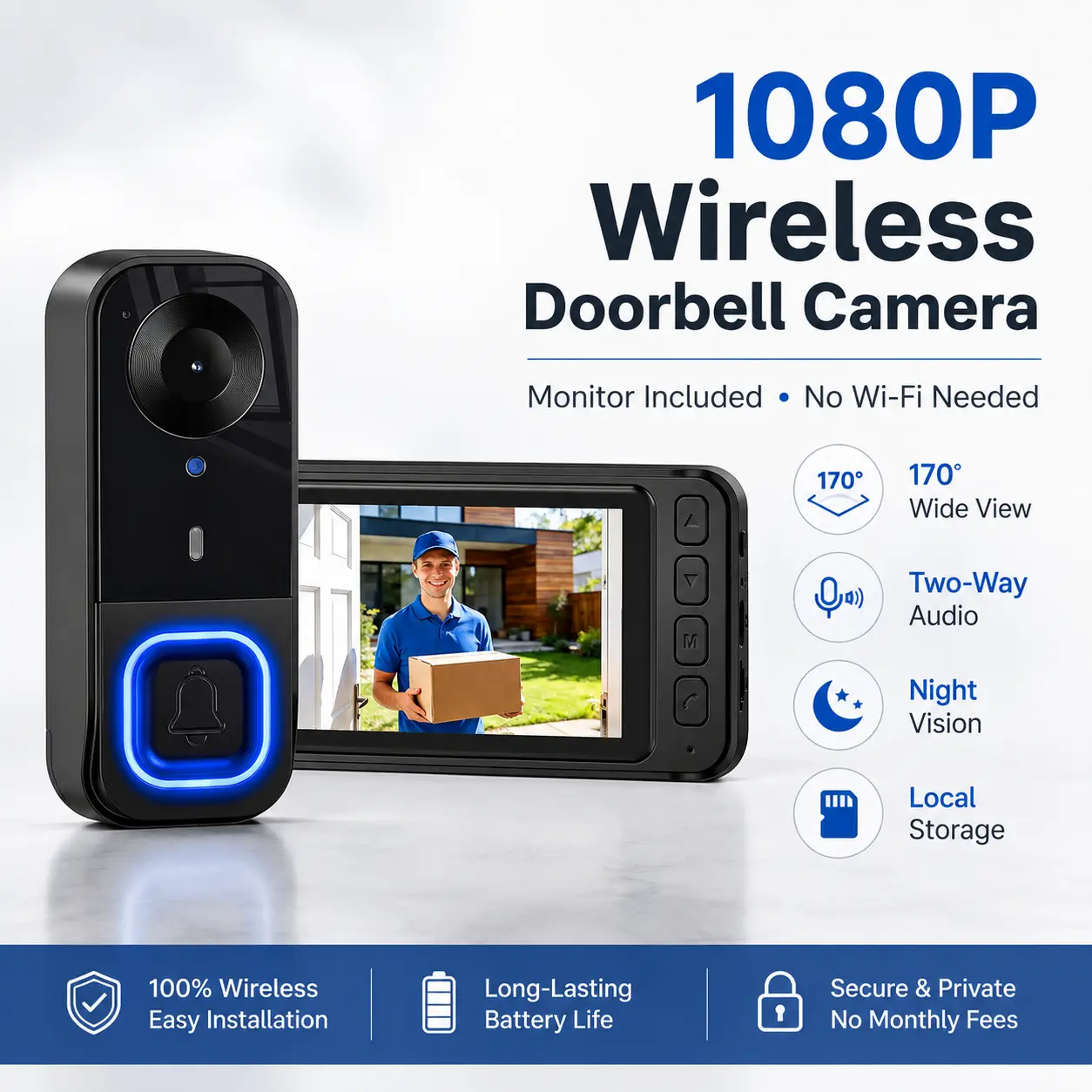 1080P Wireless Doorbell Camera with Indoor Monitor, No Subscription, App or Wi-Fi Required, Waterproof Video Intercom with Two-Way Audio, 170° Wide-Angle View, Night Vision and Local Storage