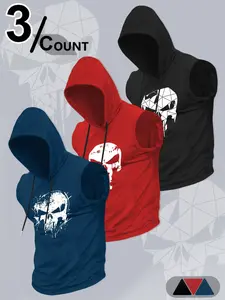 Men's 3-Piece Fitness Sleeveless Hooded Vest, Skull Print Casual Training Tank Top, Comfortable and Stylish Gym Wear