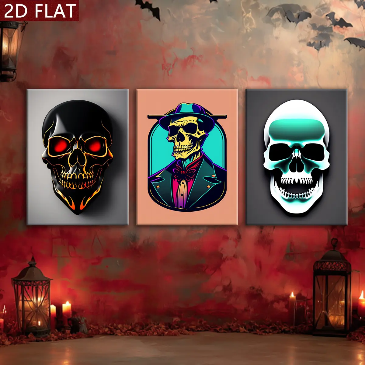 2D flat paintings, 2D flat paintings, 2D flat painting three-piece set, canvas with wooden frame, featuring skull artwork, perfect for fantasy-themed decoration. This modern artwork is an excellent gift for loved ones and is also suitable for home, office