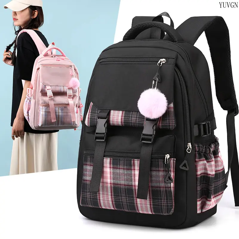 Plaid Patchwork Backpack with Fluffy Pom Pom Accessory, Popular Dual Buckle Multi Compartment Daypack for Junior High Students, Roomy Daily Carry Bag Ideal for School Trips Shopping & Weekend Outdoor Activities