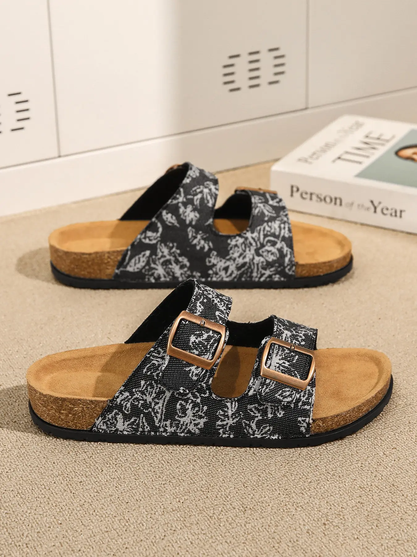 Bohemian Style Retro Cork Slippers, Braided Straps with Floral Pattern, Adjustable Buckle, Soft Eva Sole, All-Season Comfort