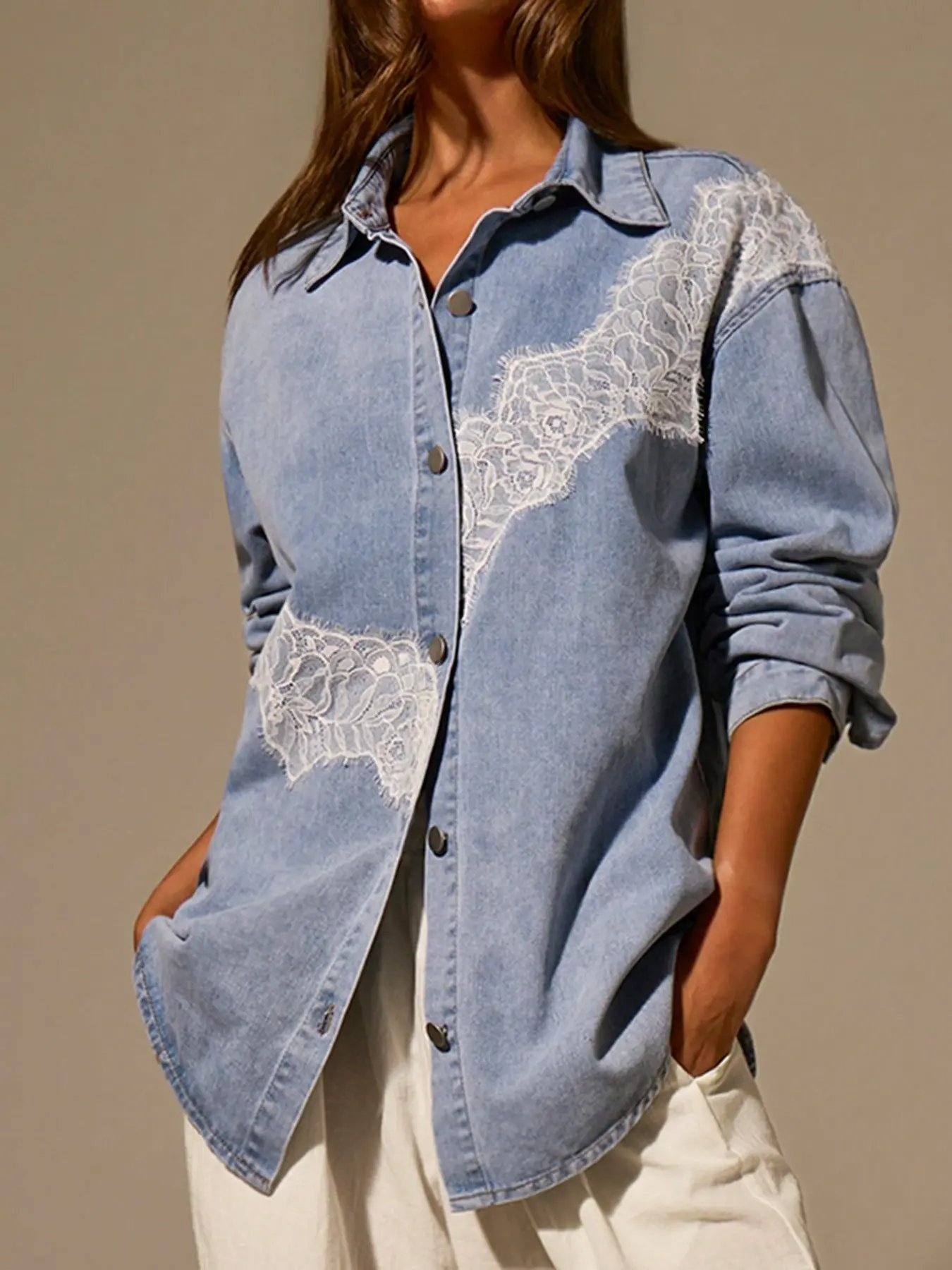 Women's Light Blue Washed Denim Shirt, Casual Long Sleeve Blouse, Loose Fit, Lapel Neck, Solid Pattern, All Seasons Wear
